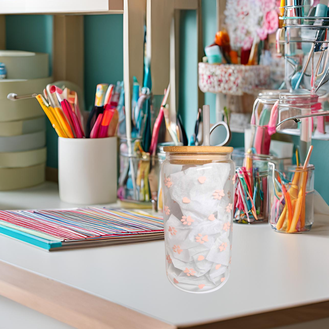 Glass 16oz libby cans with bamboo lid and straw